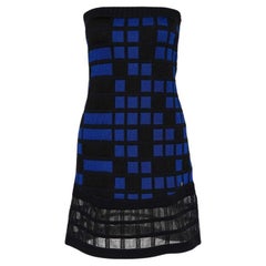 Chanel Blue Checked Knit Strapless Mini Dress M