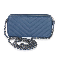 Chanel Blue Chevron Caviar Double Zip Clutch Handbag
