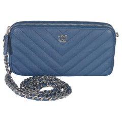 Chanel Blue Chevron Caviar Double Zip Clutch Handbag