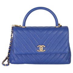 Chanel Blue Chevron Caviar Medium Coco Top Handle Bag