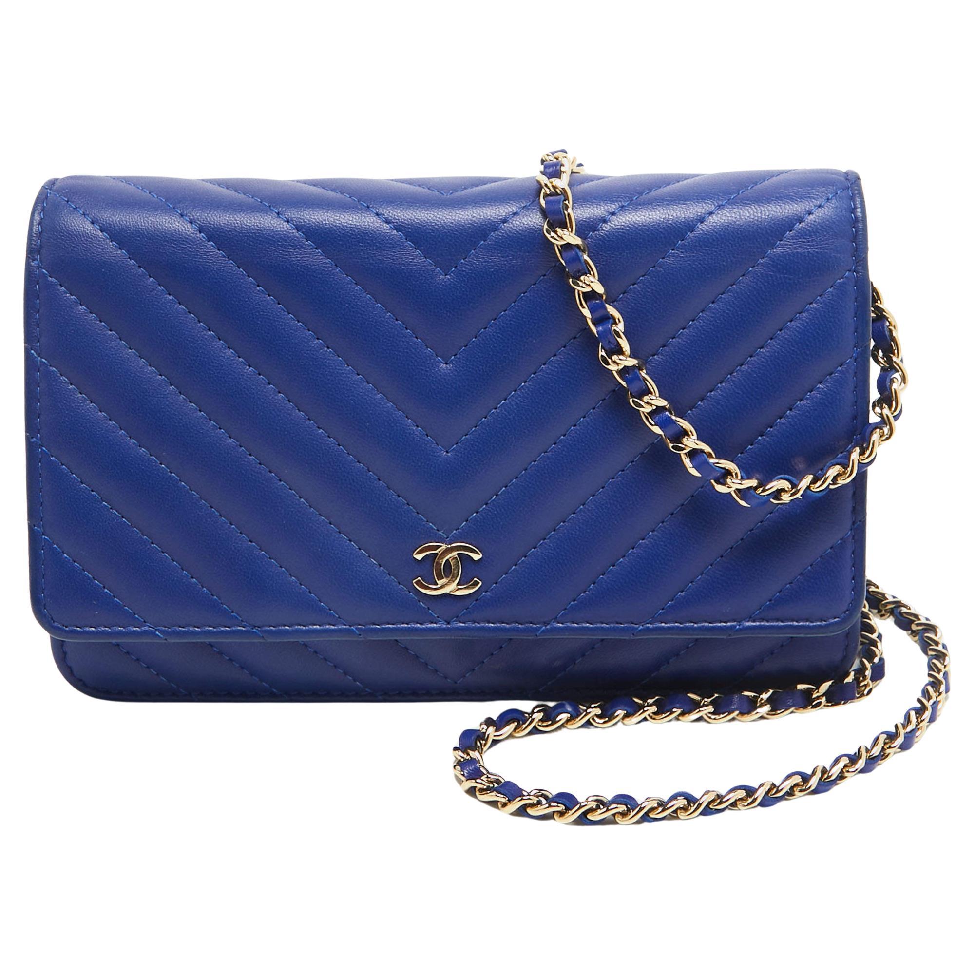 Chanel Blue Chevron Leather Classic Wallet on Chain For Sale