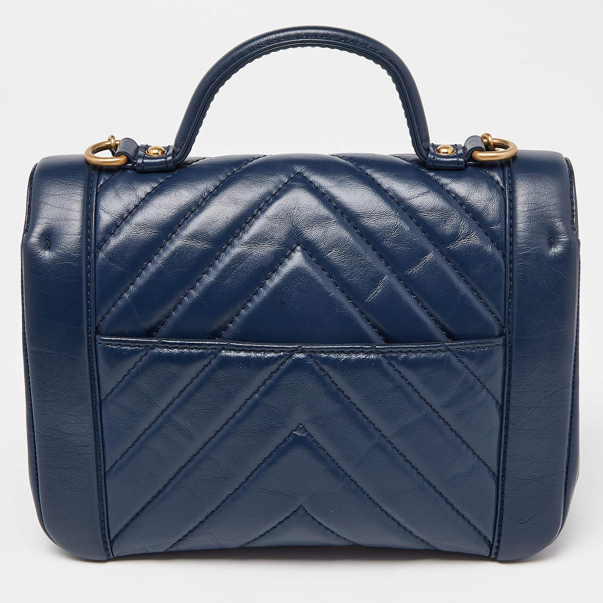 Women's Chanel Blue Chevron Leather Flap Top Handle Bag