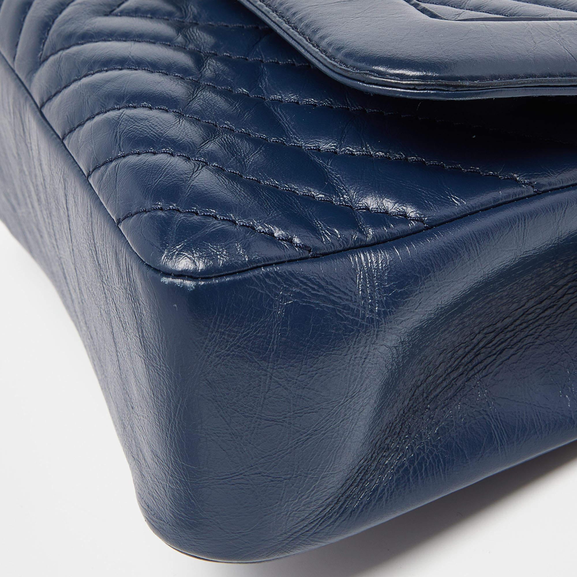 Chanel Blue Chevron Leather Flap Top Handle Bag 2