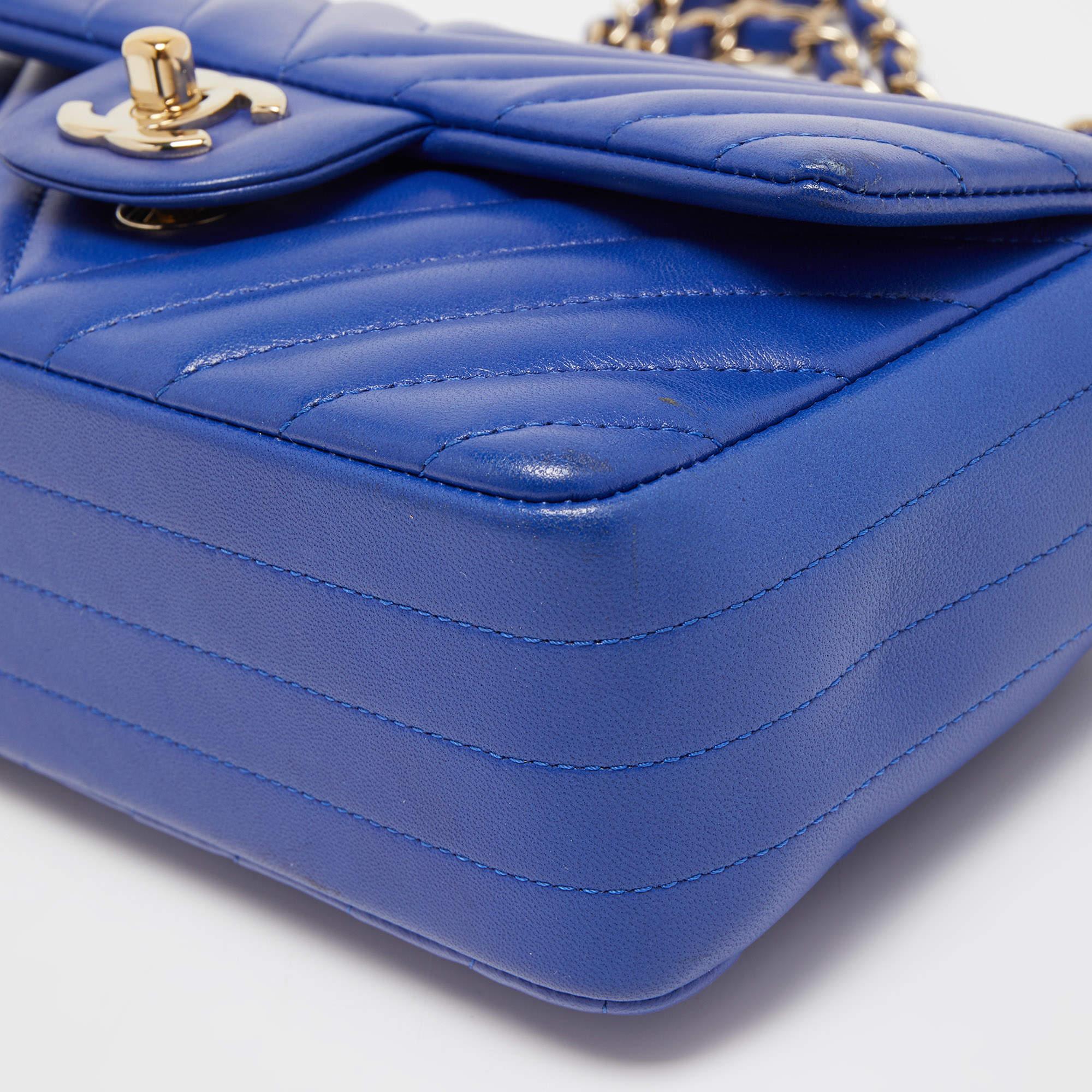Chanel Blue Chevron Leather Mini Rectangle Classic Single Flap Bag 6