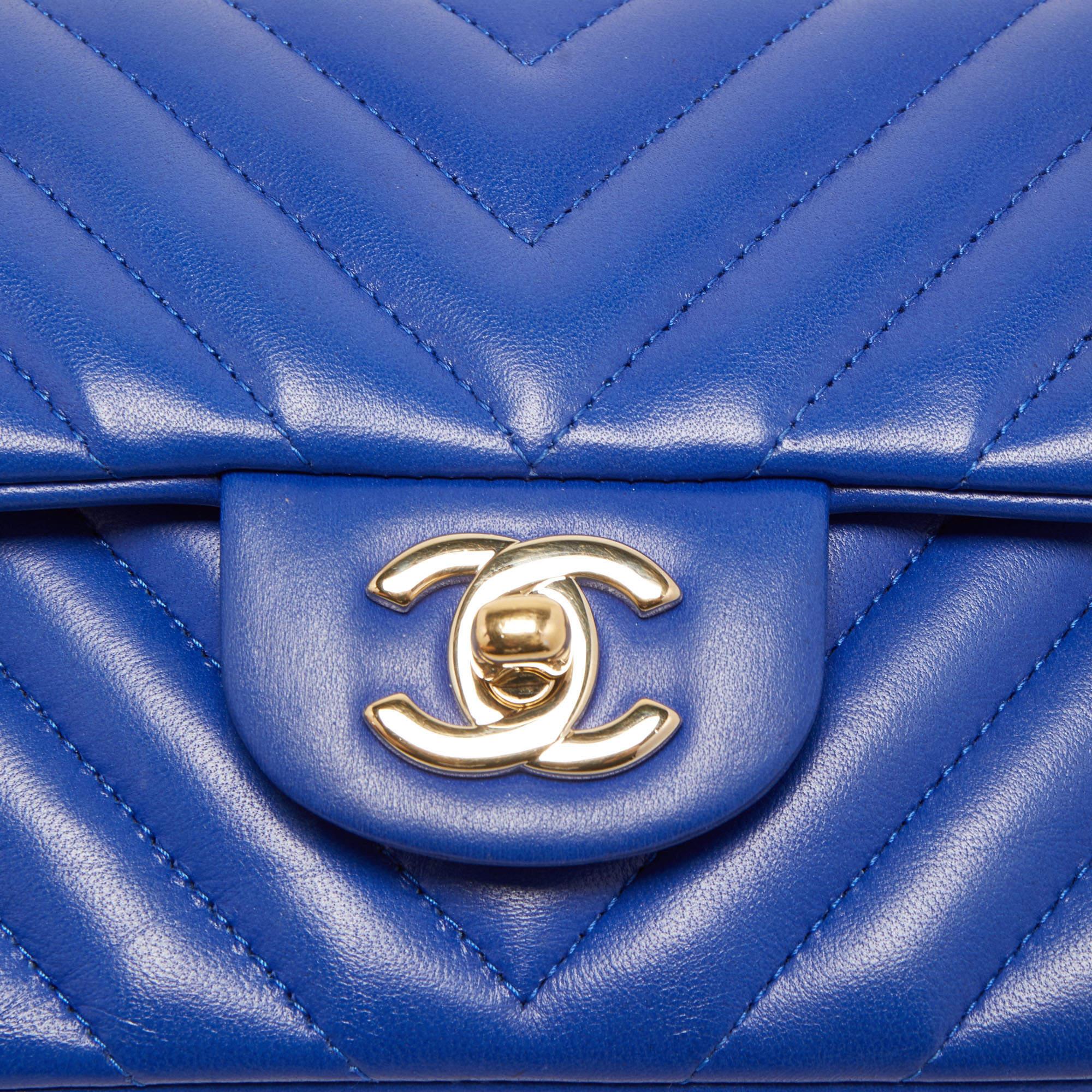 Chanel Blue Chevron Leather Mini Rectangle Classic Single Flap Bag 7