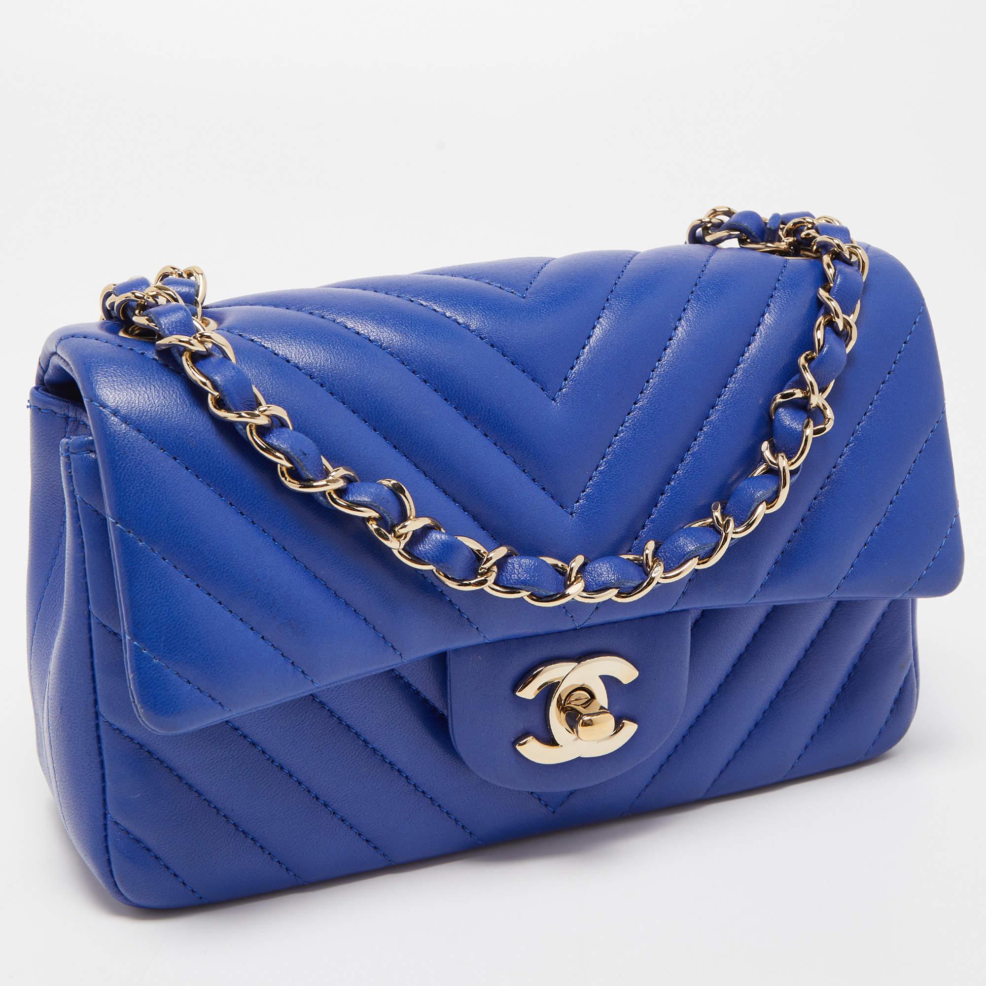 Women's Chanel Blue Chevron Leather Mini Rectangle Classic Single Flap Bag