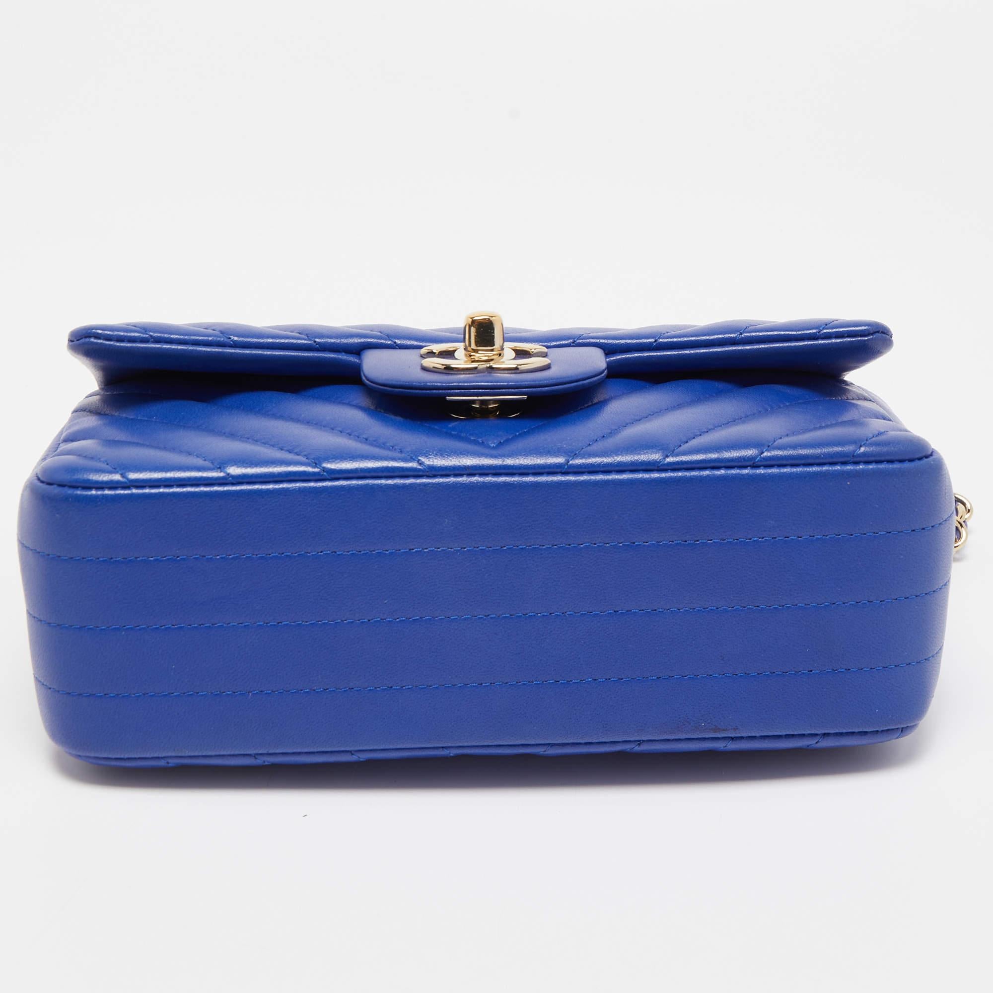 Chanel Blue Chevron Leather Mini Rectangle Classic Single Flap Bag 1