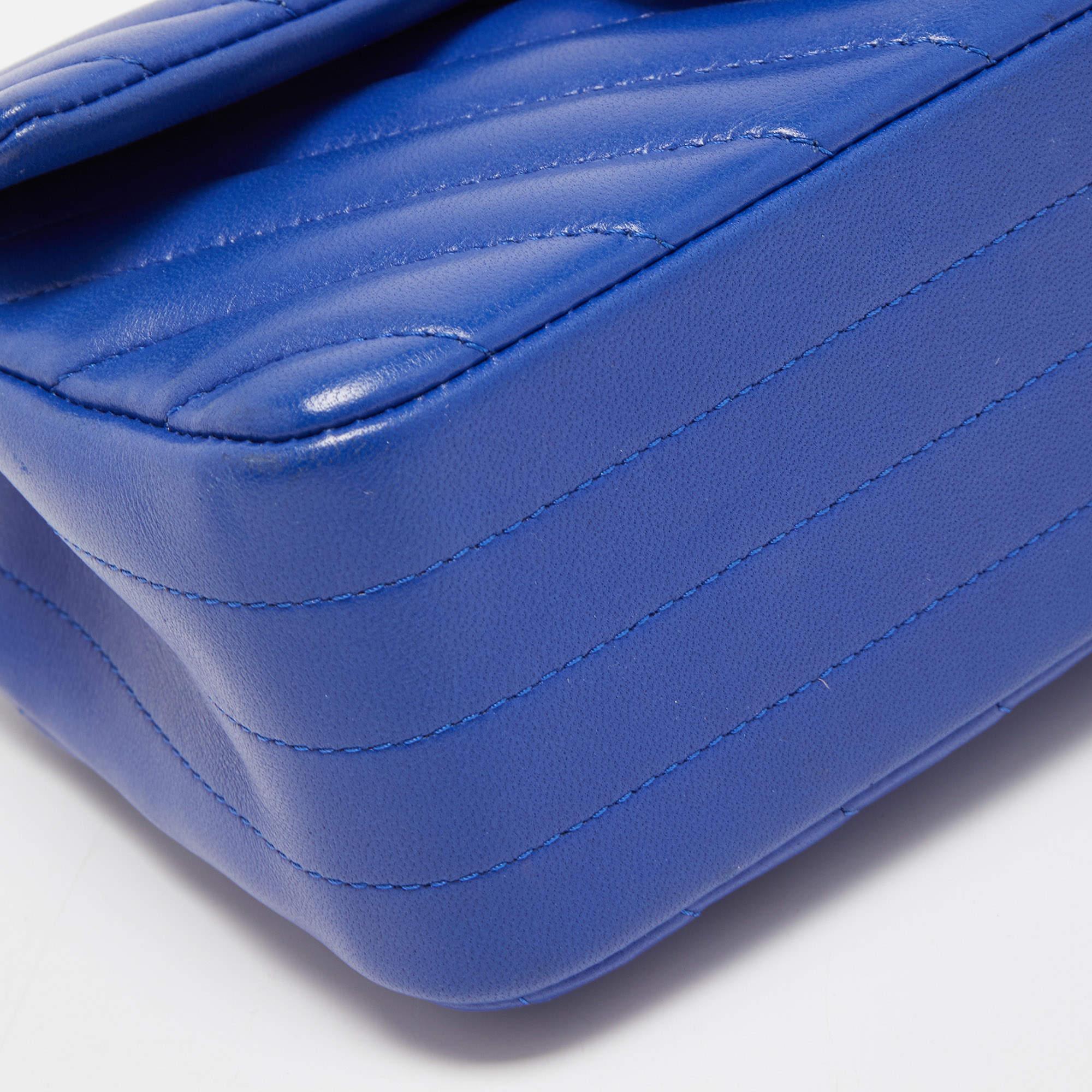 Chanel Blue Chevron Leather Mini Rectangle Classic Single Flap Bag 5