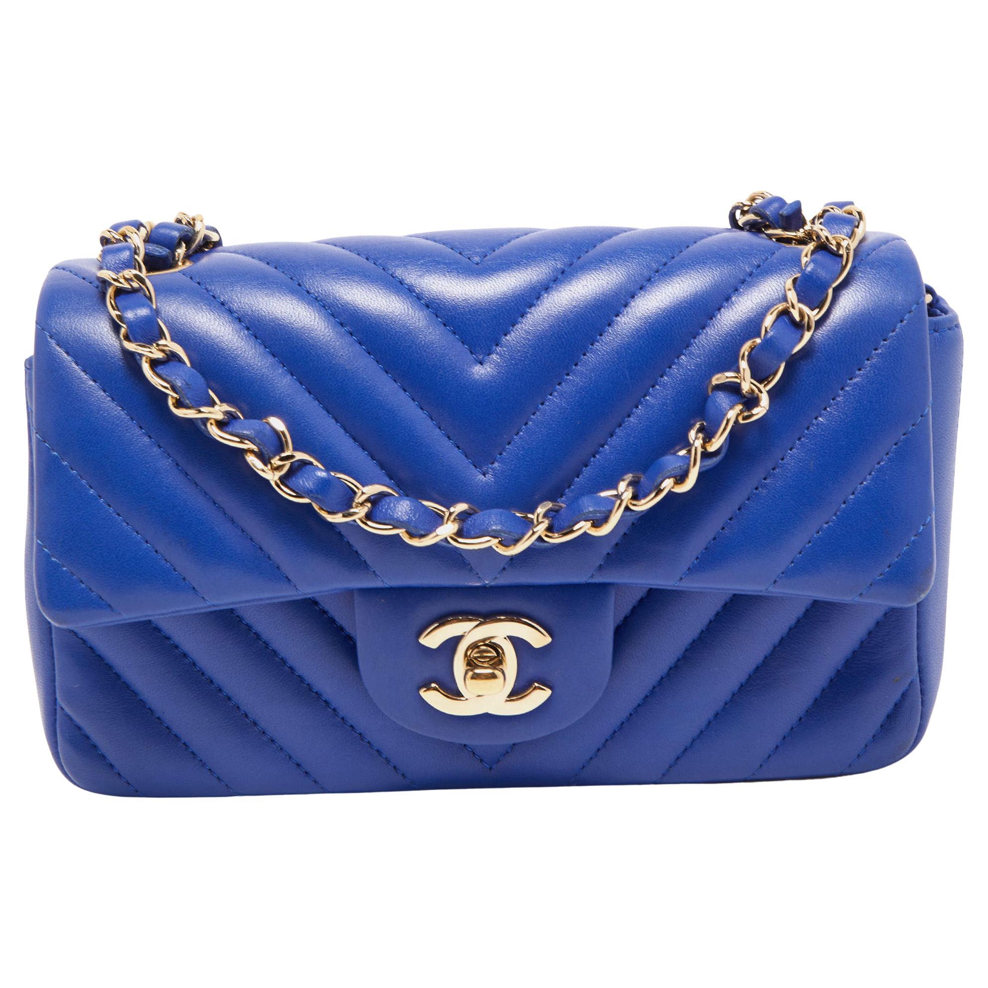 Chanel Blue Chevron Leather Mini Rectangle Classic Single Flap Bag at  1stDibs