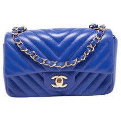 Chanel Blue Chevron Leather Mini Rectangle Classic Single Flap Bag