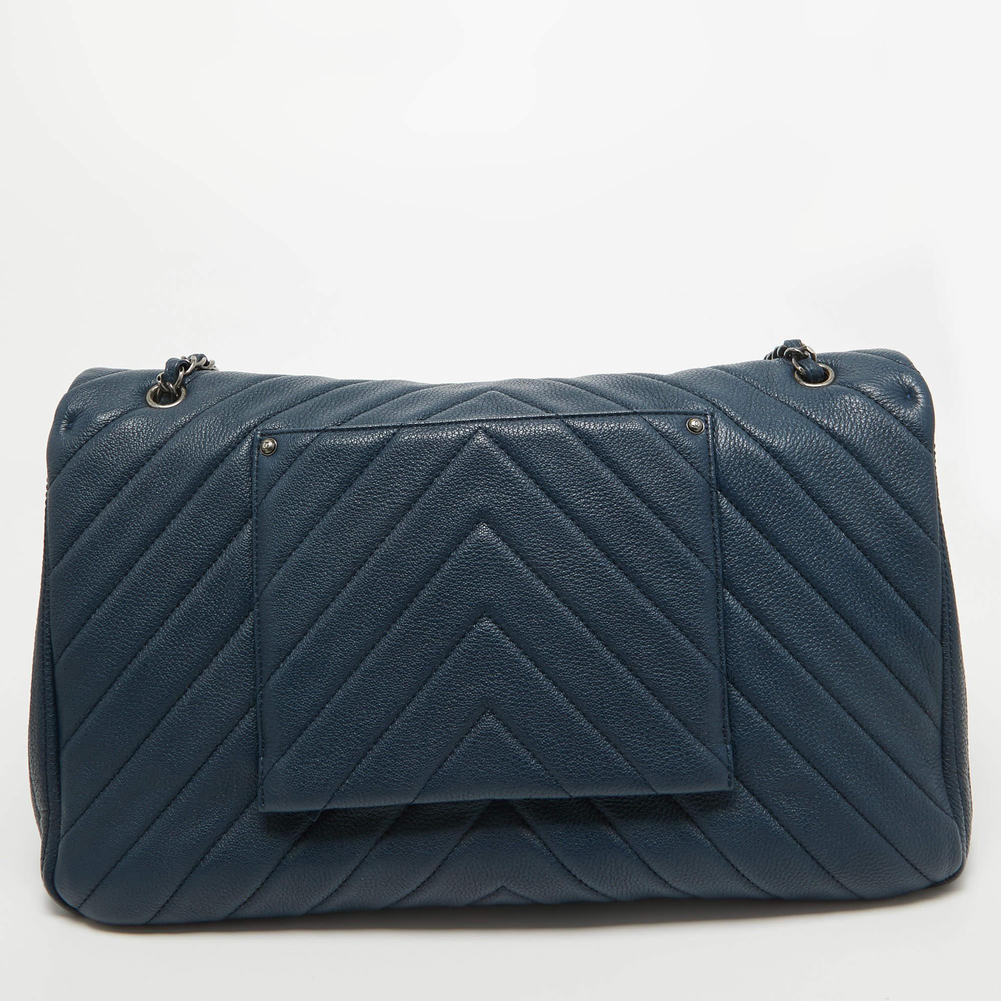 Chanel Blue Chevron Leather XXL Travel Flap Bag 7