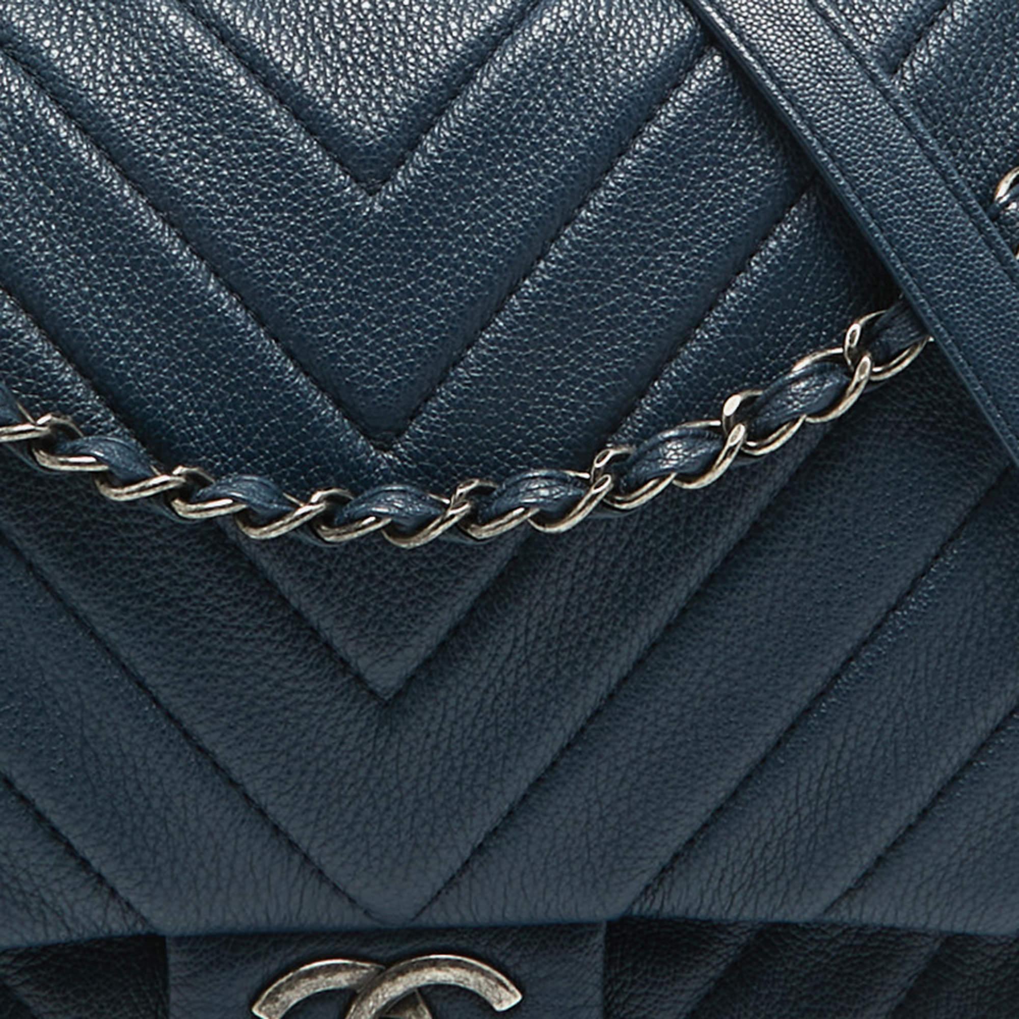 Women's Chanel Blue Chevron Leather XXL Travel Flap Bag For Sale
