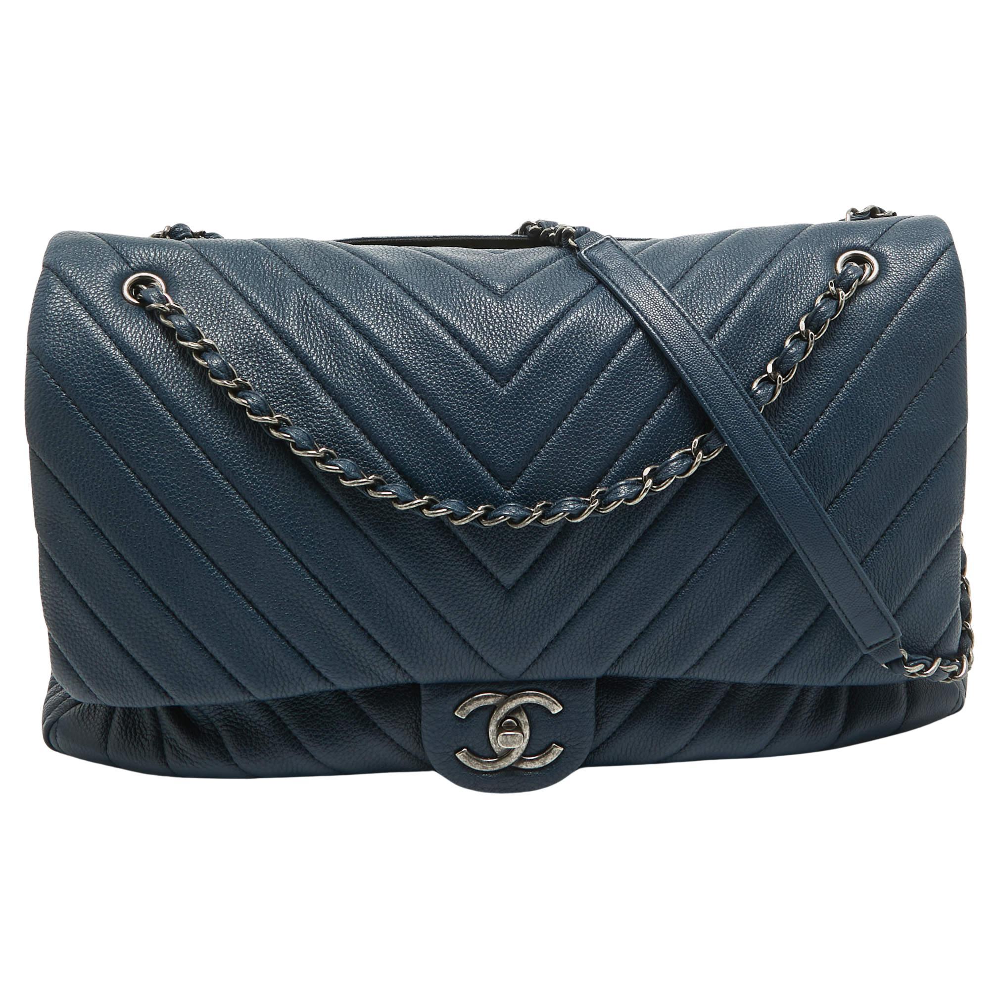 Chanel Blue Chevron Leather XXL Travel Flap Bag For Sale