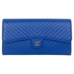 Chanel Blue Chevron Quilted Caviar Leather CC Gusset Classic Flap Long Wallet