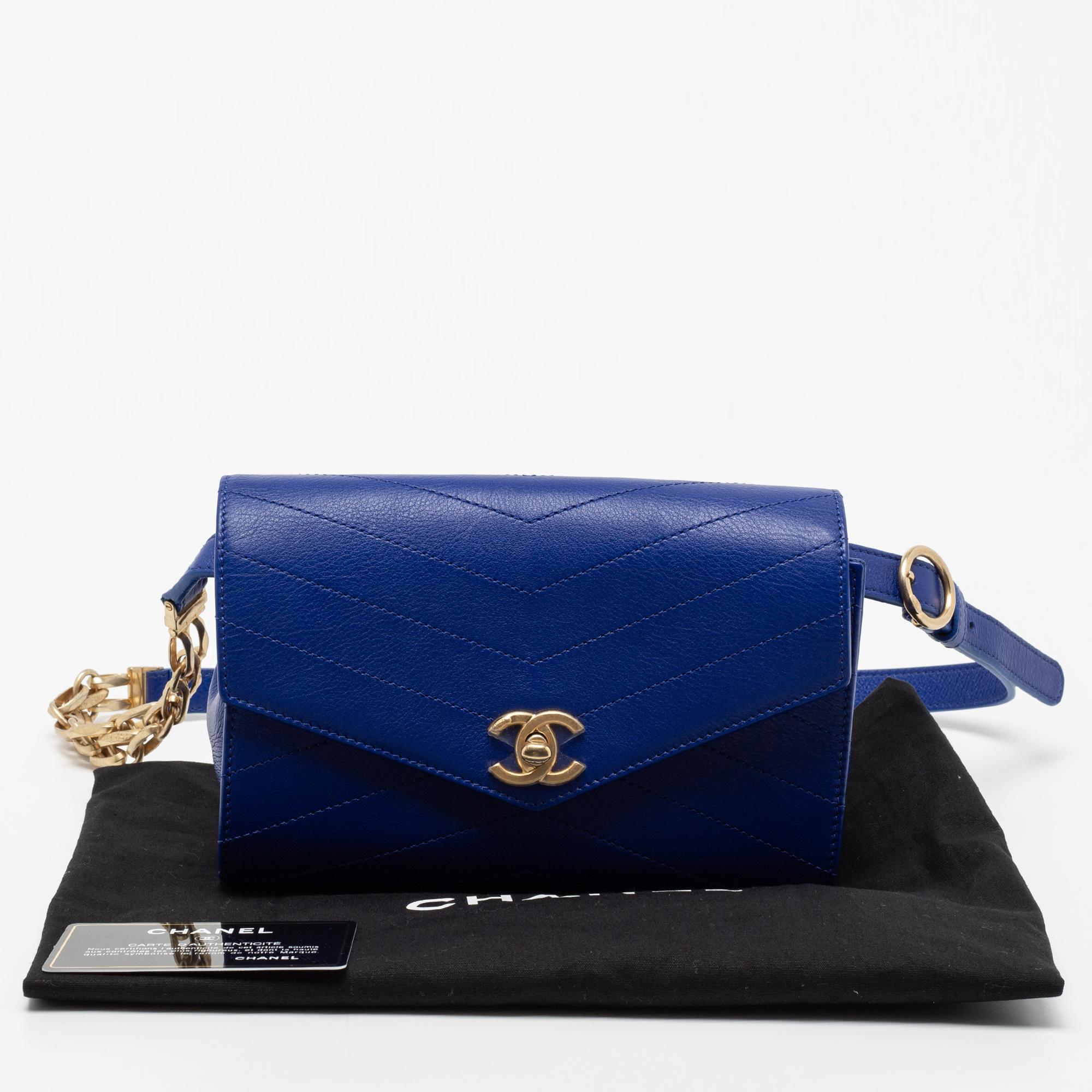 Chanel Blue Chevron Stitched Leather Small Coco Waist Bag 9