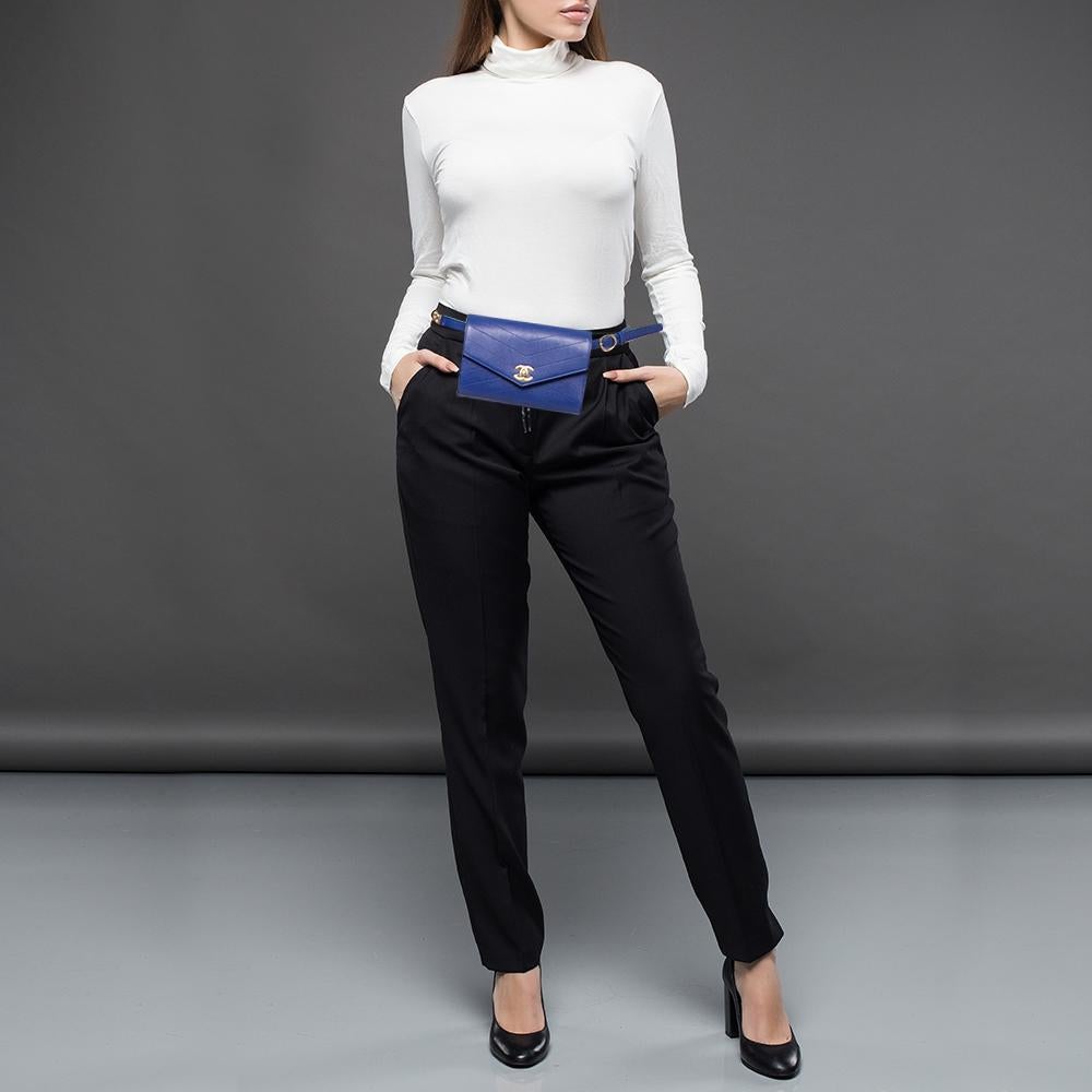 Chanel Blue Chevron Stitched Leather Small Coco Waist Bag In New Condition In Dubai, Al Qouz 2