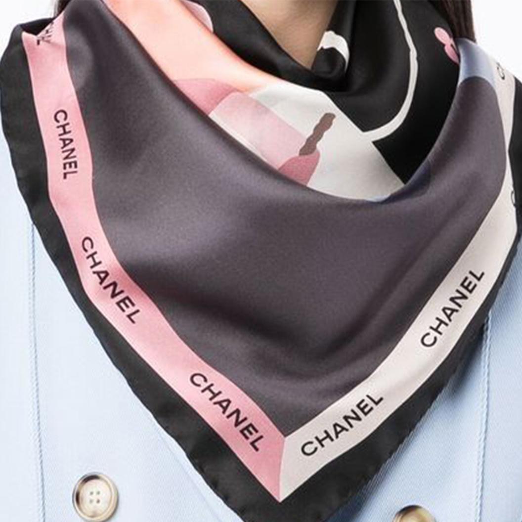 Gray Chanel Blue Classic Bag Print Silk Scarf For Sale