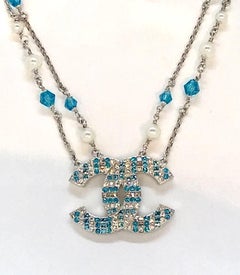 Chanel Blue & Clear Rhinestone Large CC Logo Necklace, 2019 Collection