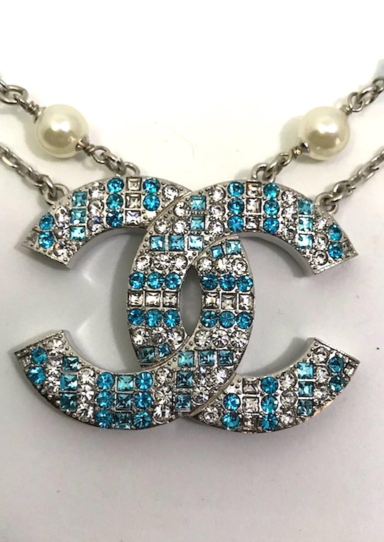 Chanel Blue & Clear Rhinestone Large CC Logo Necklace, 2019 Collection