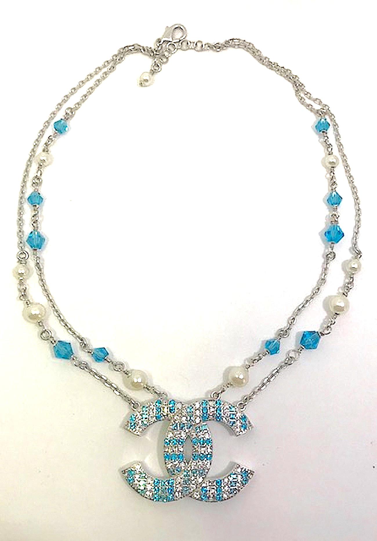 Chanel Blue & Clear Rhinestone Large CC Logo Necklace, 2019 Collection In Excellent Condition In New York, NY