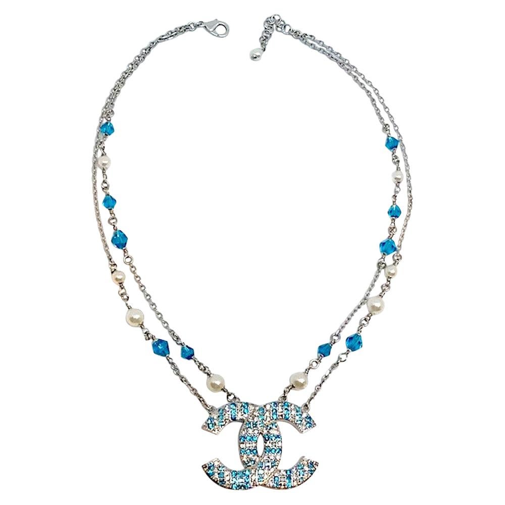 Chanel Blue and Clear Rhinestone Large CC Logo Necklace, 2019 Collection at  1stDibs