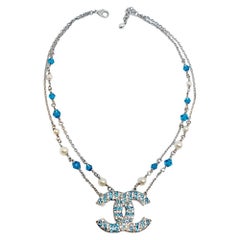 Chanel Blue & Clear Rhinestone Large CC Logo Necklace:: 2019 Collection