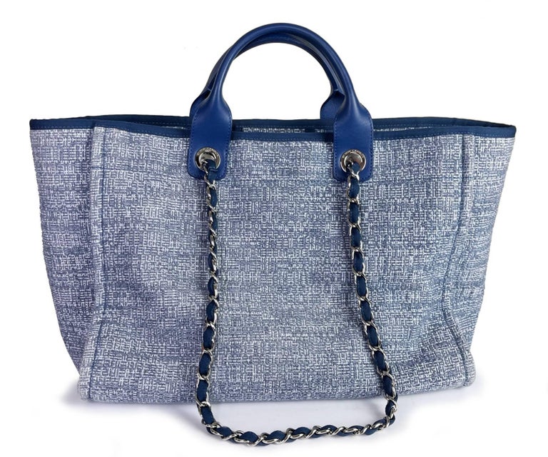 Chanel Blue Cloth Blue Leather Deauville Large Tote Bag at 1stDibs | chanel  deauville green
