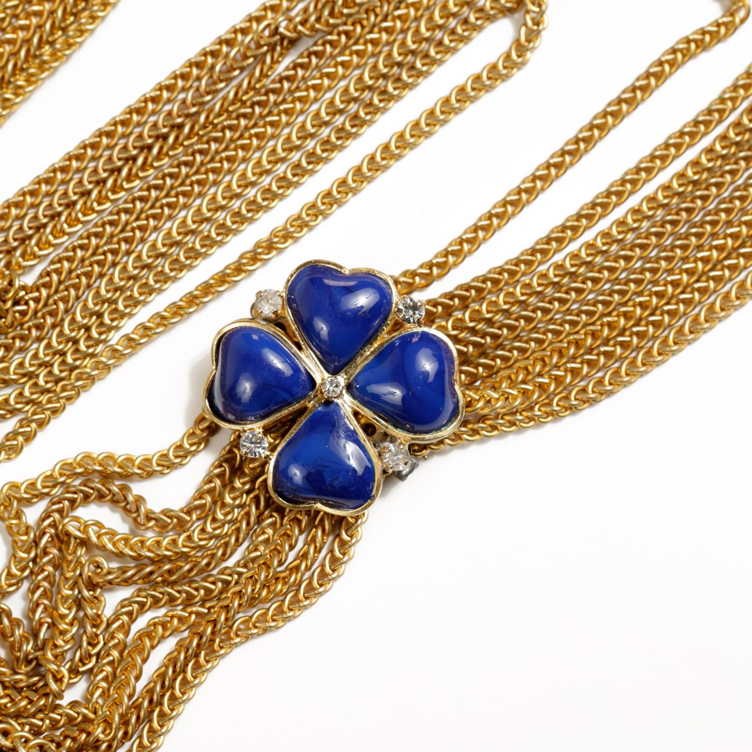 Chanel Collier vintage multi-chaînes en or bleu avec trèfle en vente 1