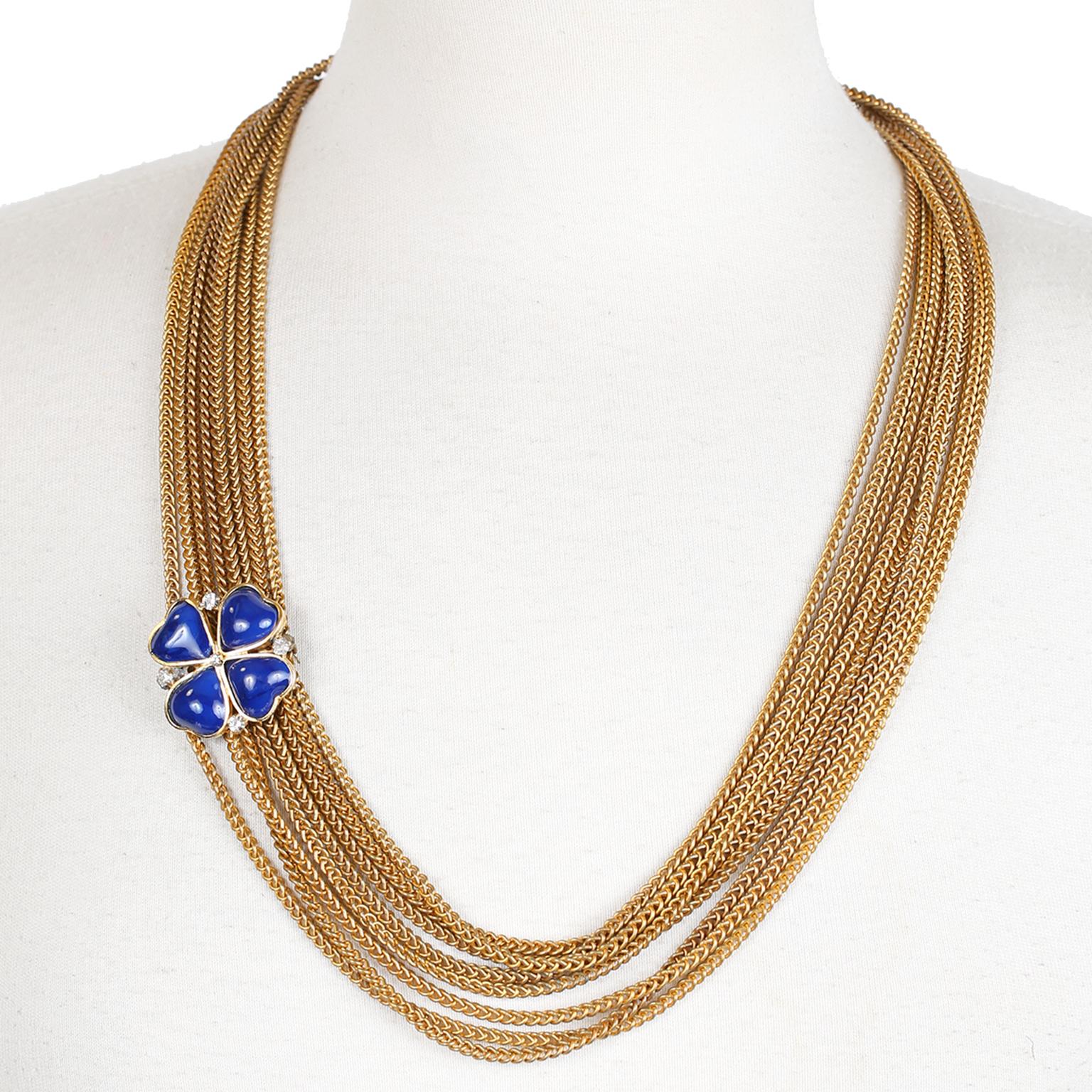 Chanel Blue Clover Gold Multi Chain Vintage Necklace In Good Condition For Sale In Palm Beach, FL