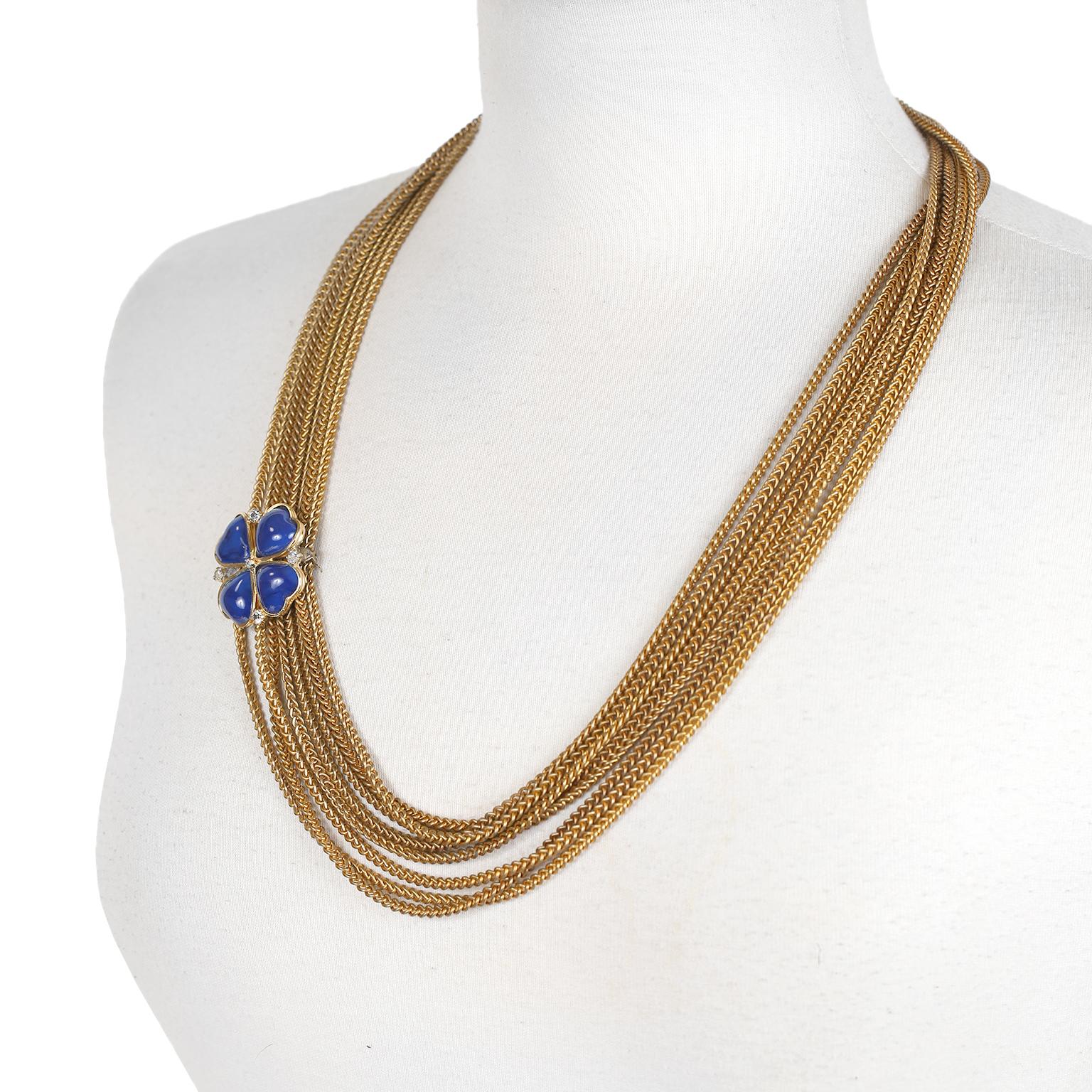 Women's Chanel Blue Clover Gold Multi Chain Vintage Necklace For Sale