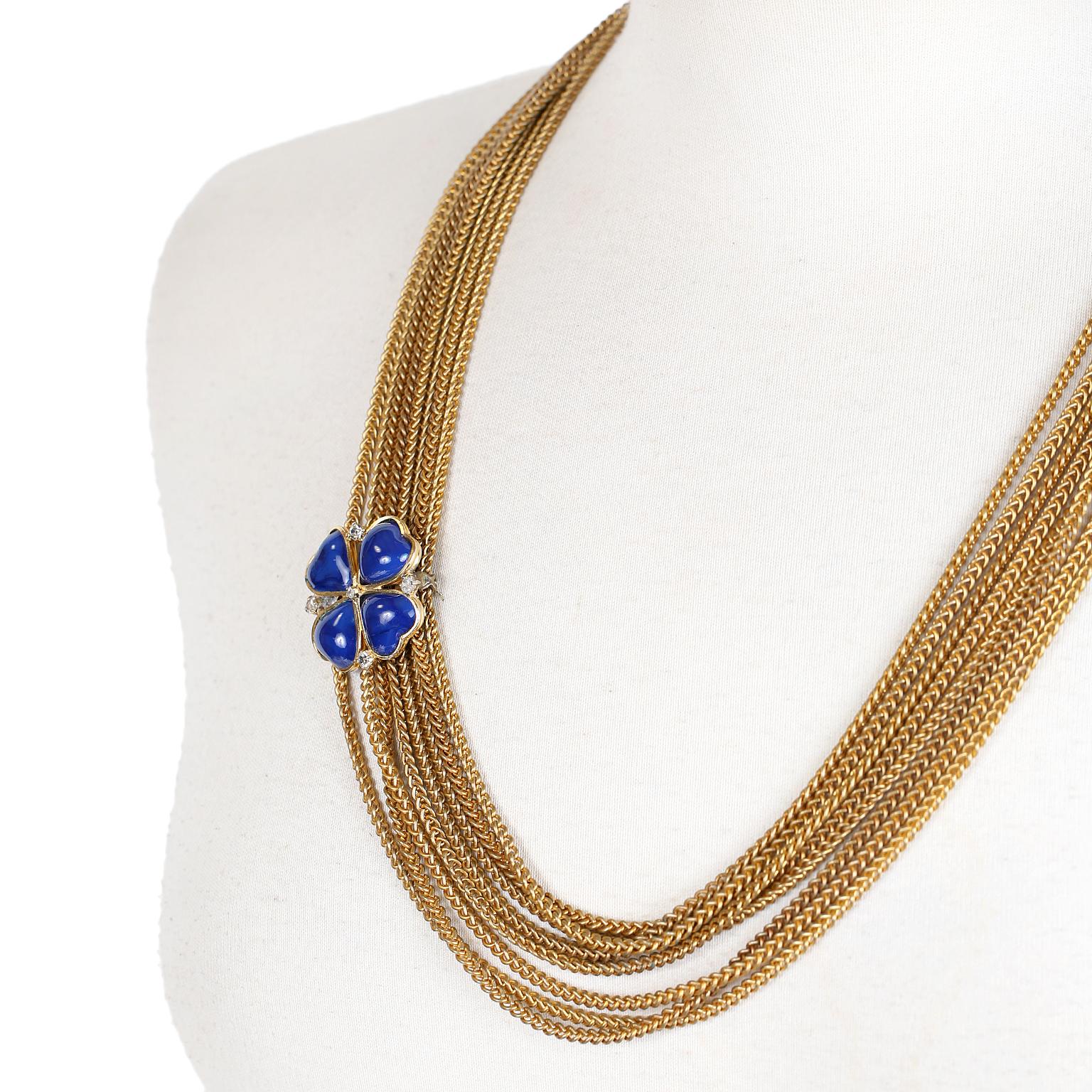 Chanel Blue Clover Gold Multi Chain Vintage Necklace For Sale 1