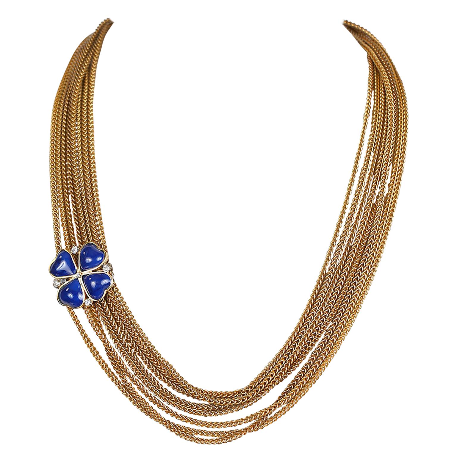 Chanel Blue Clover Gold Multi Chain Vintage Necklace