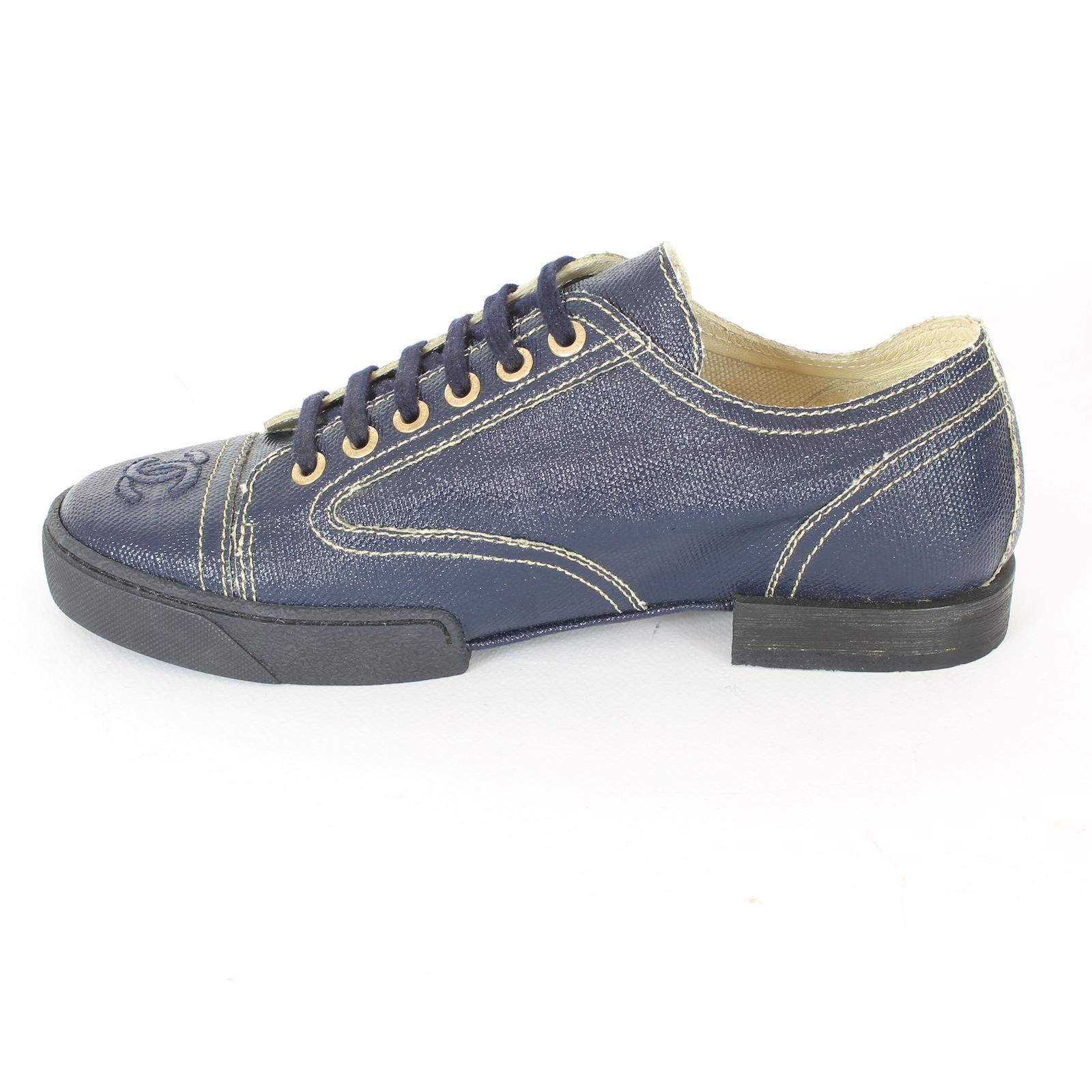 Chanel Blue Coated Toile Blue Lace Up Sneakers Shoes - NEW 7