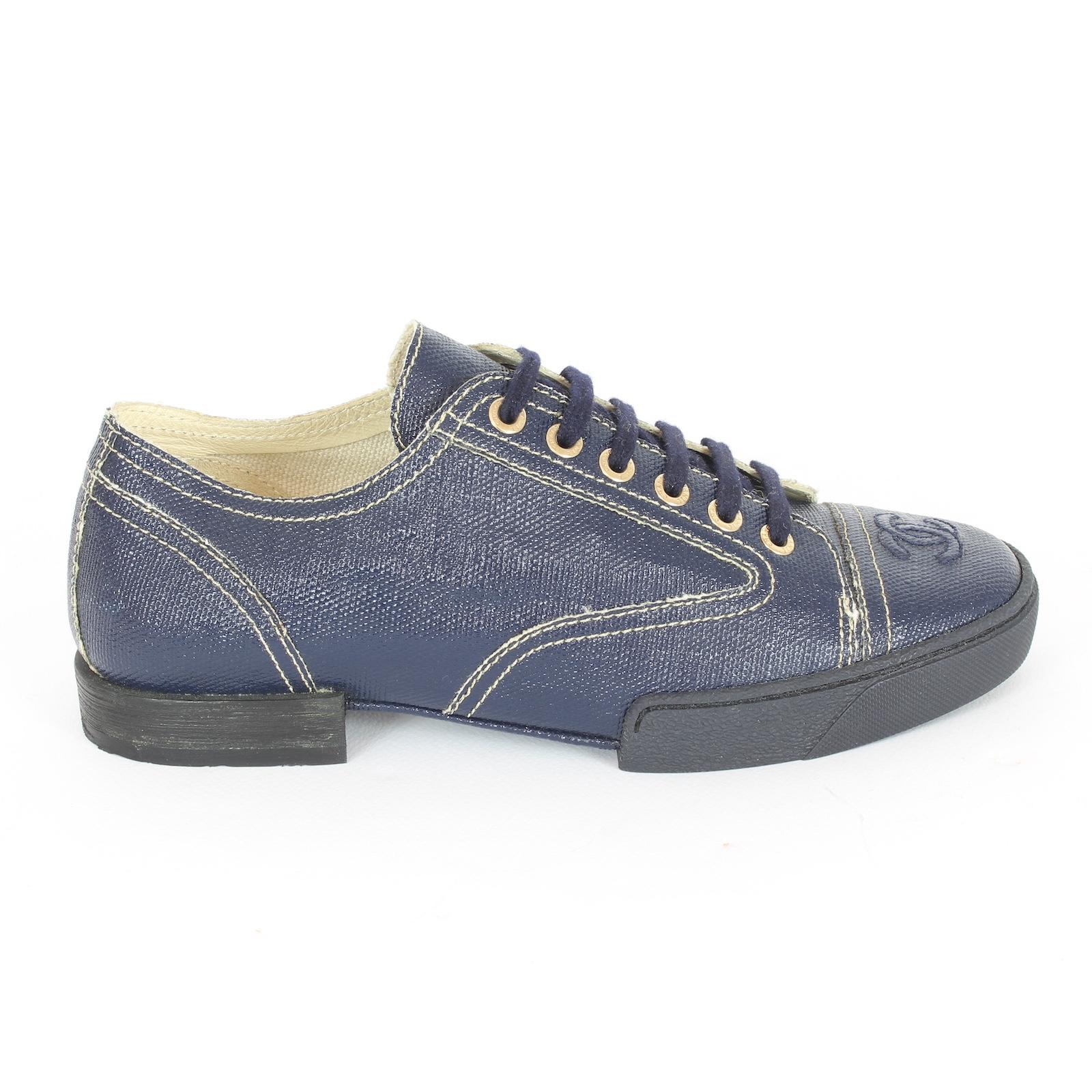 Women's Chanel Blue Coated Toile Blue Lace Up Sneakers Shoes - NEW