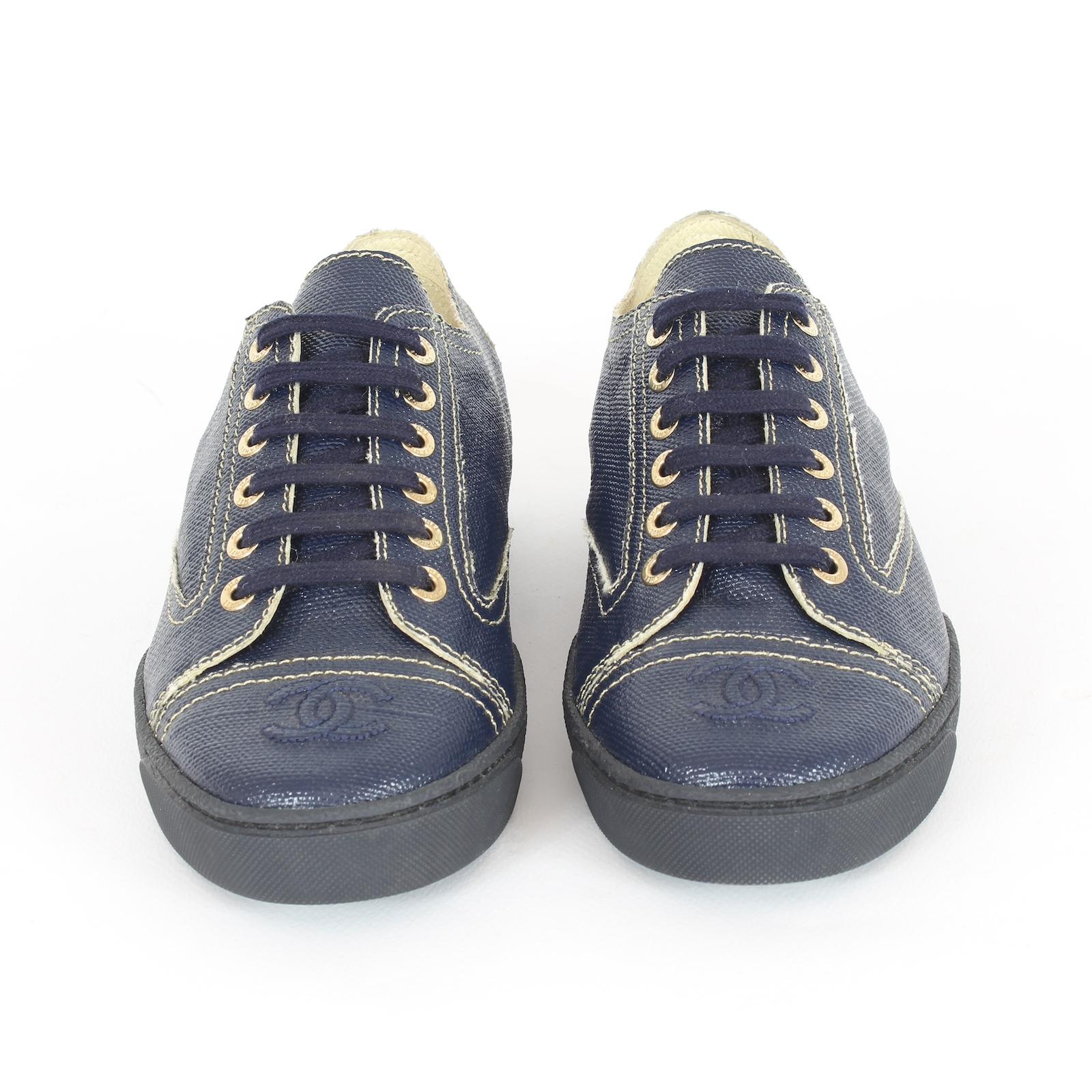 Chanel Blue Coated Toile Blue Lace Up Sneakers Shoes - NEW 1