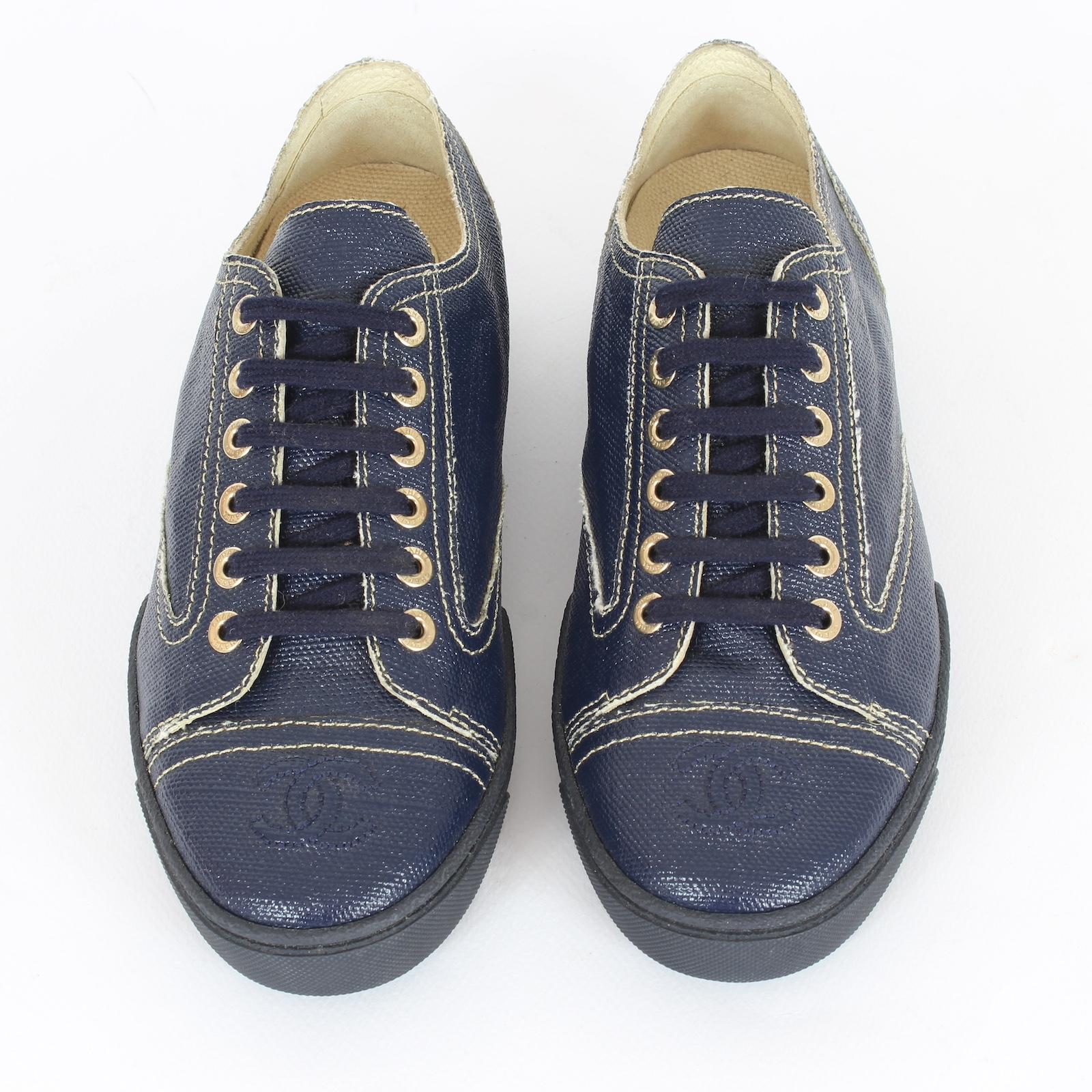Chanel Blue Coated Toile Blue Lace Up Sneakers Shoes - NEW 2
