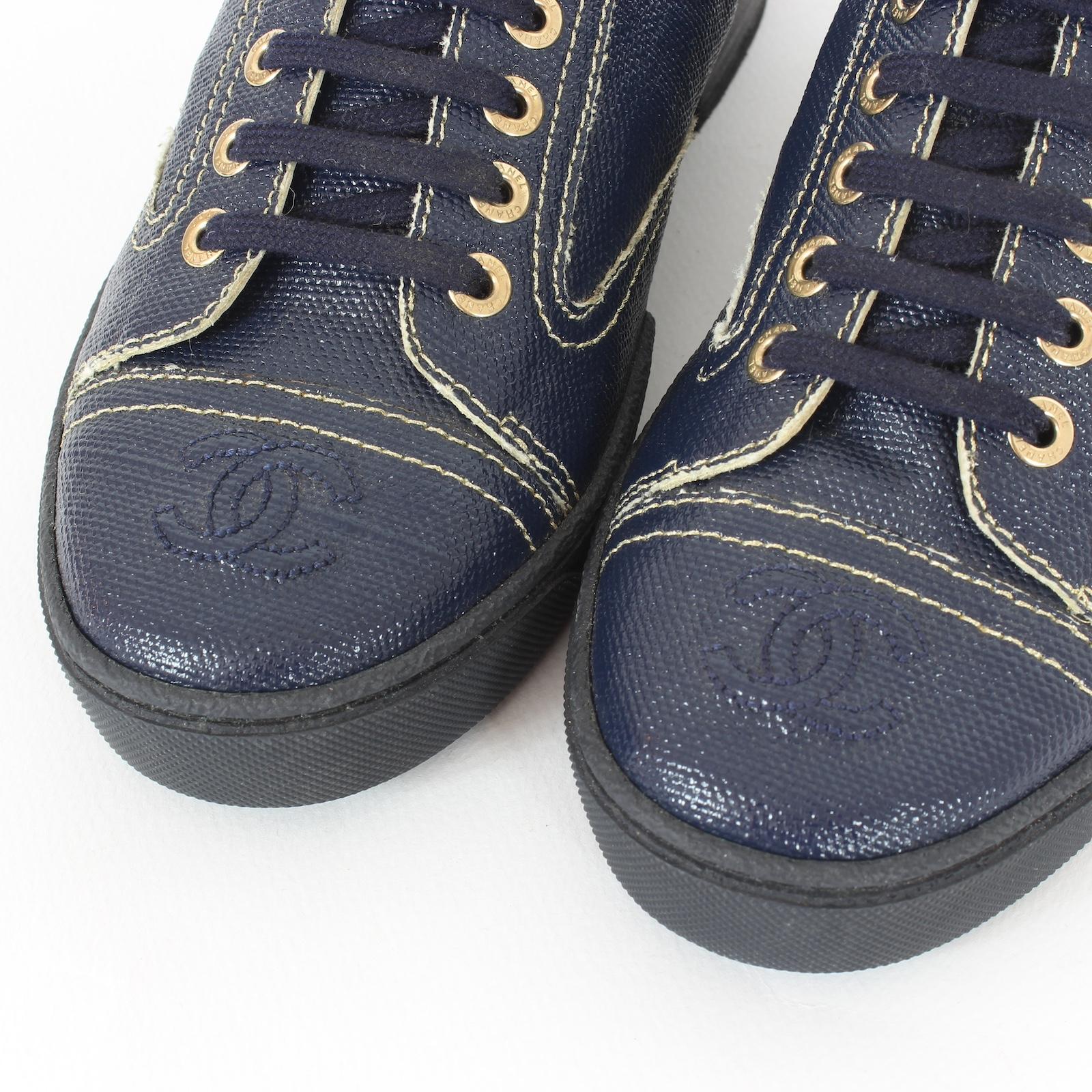 Chanel Blue Coated Toile Blue Lace Up Sneakers Shoes - NEW 3