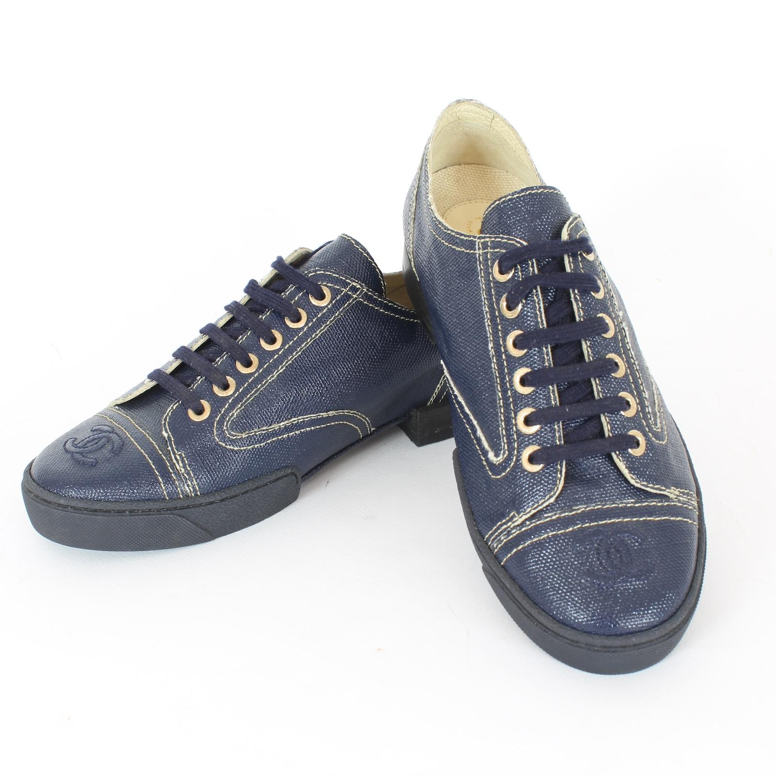Chanel Blue Coated Toile Blue Lace Up Sneakers Shoes - NEW 6