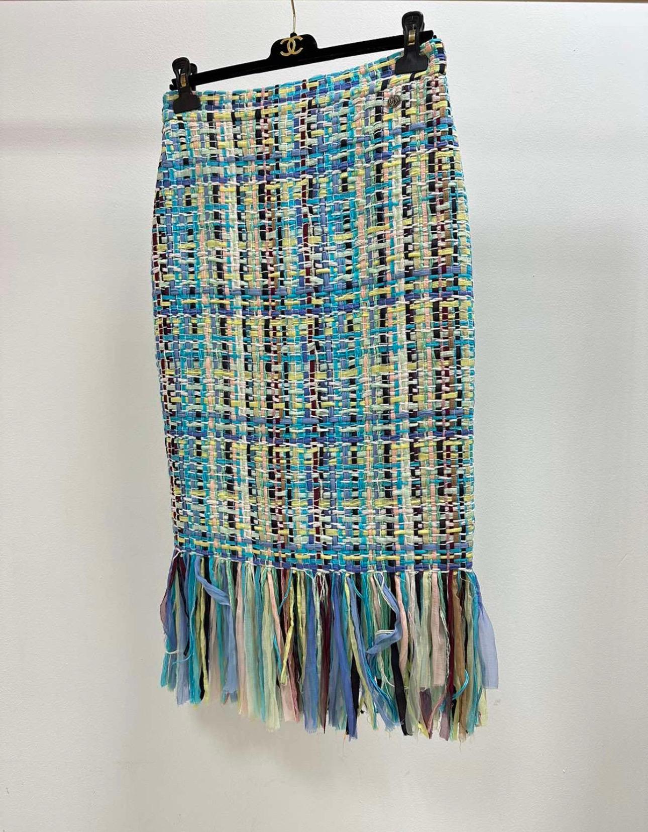 Chanel Blue Coco Cuba Lesage Tweed Fringe Skirt In Excellent Condition In Krakow, PL
