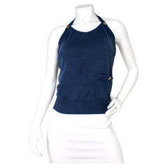 Chanel Blue Coco Mark Button Vintage Cotton Halter Top