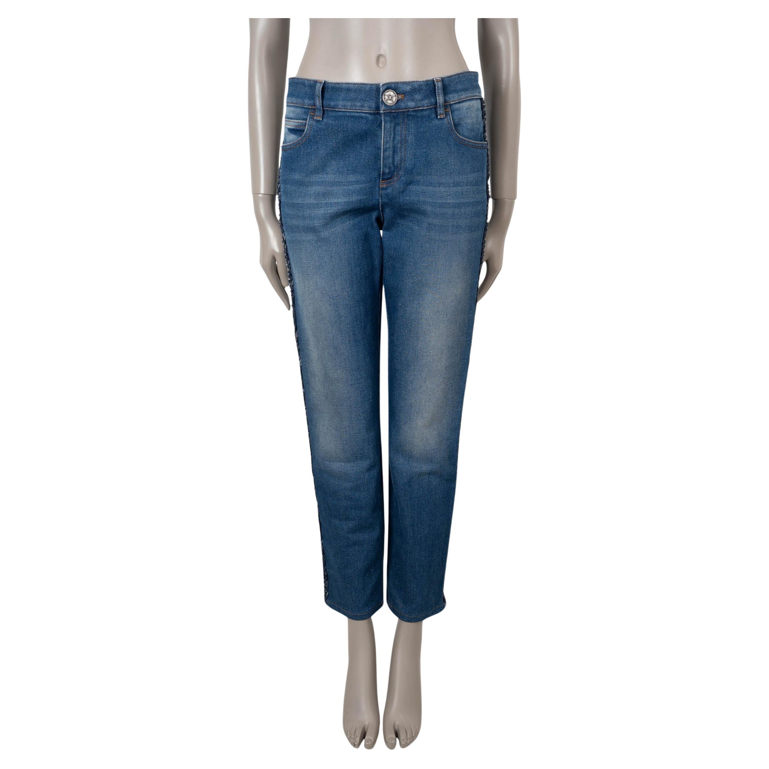 CHANEL coton bleu 18B COCO NEIGE SIDE STRIPE STRAIGHT JEANS Pantalon 40 M