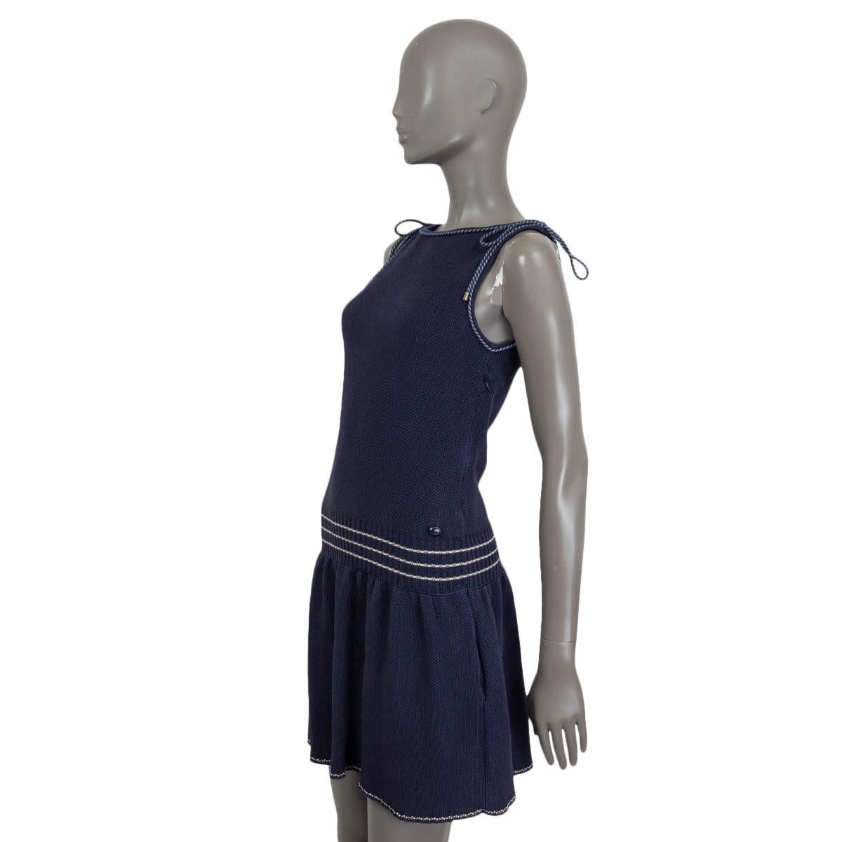 Black CHANEL blue cotton 2015 CORD EMBELLISHED DROP WAIST Dress 38 S For Sale