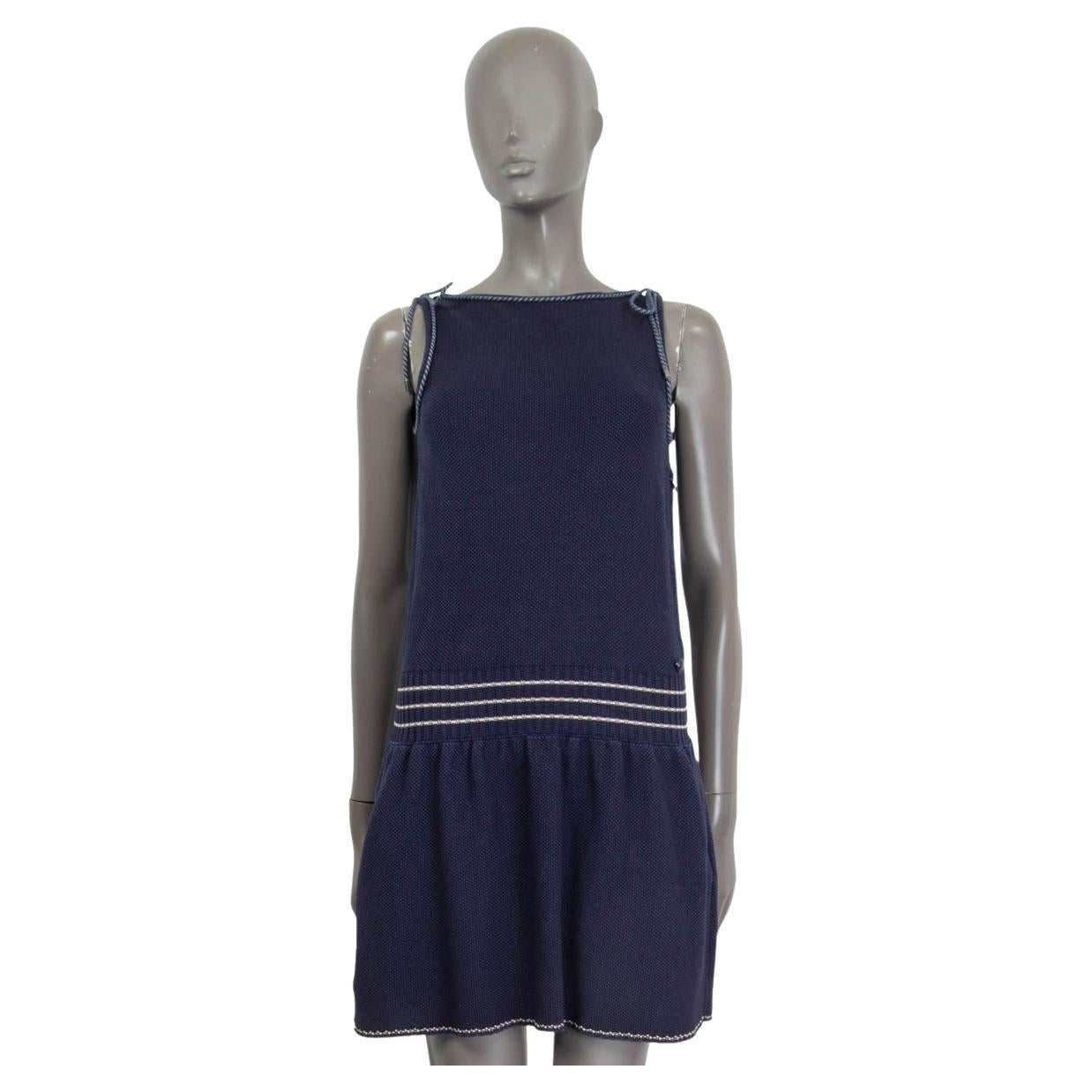 CHANEL blue cotton 2015 CORD EMBELLISHED DROP WAIST Dress 38 S For Sale
