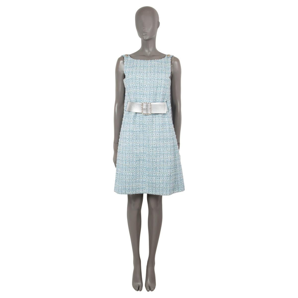 100% authentic Chanel sleeveless tweed dress in blue, turquoise, white and navy polyester (26%), cotton (25%), linen (18%), acetate (10%), metallized fibers (8%), viscose (7%) and polyamide (6%). Features a metallic silver wide lambskin leather belt