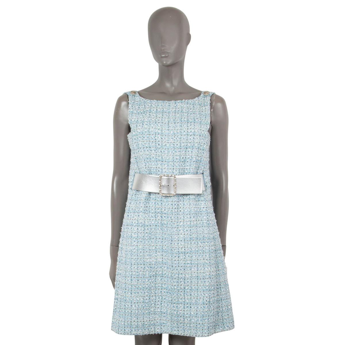 Gray CHANEL blue cotton 2019 19C LA PAUSA BELTED TWEED Dress 38 S For Sale