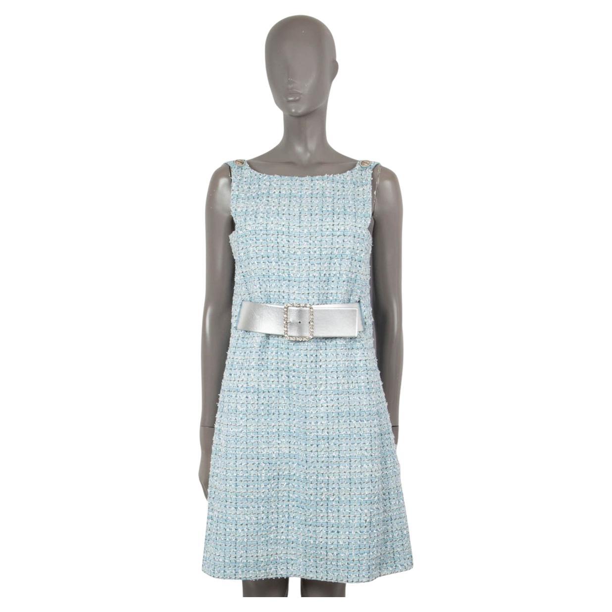 CHANEL blue cotton 2019 19C LA PAUSA BELTED TWEED Dress 38 S For Sale