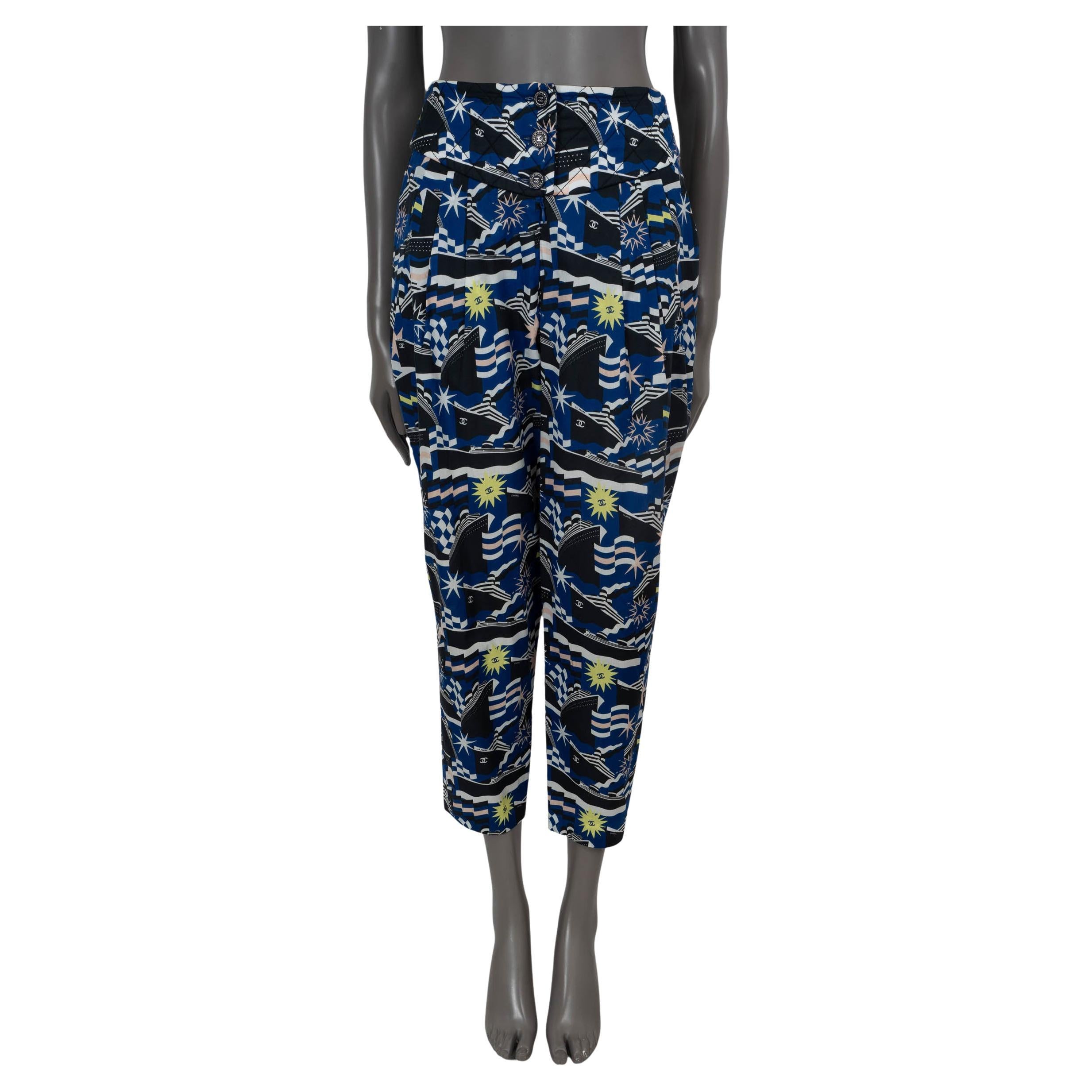 CHANEL blue cotton 2019 19C LA PAUSA PRINTED PLEATED Pants 40 M For Sale
