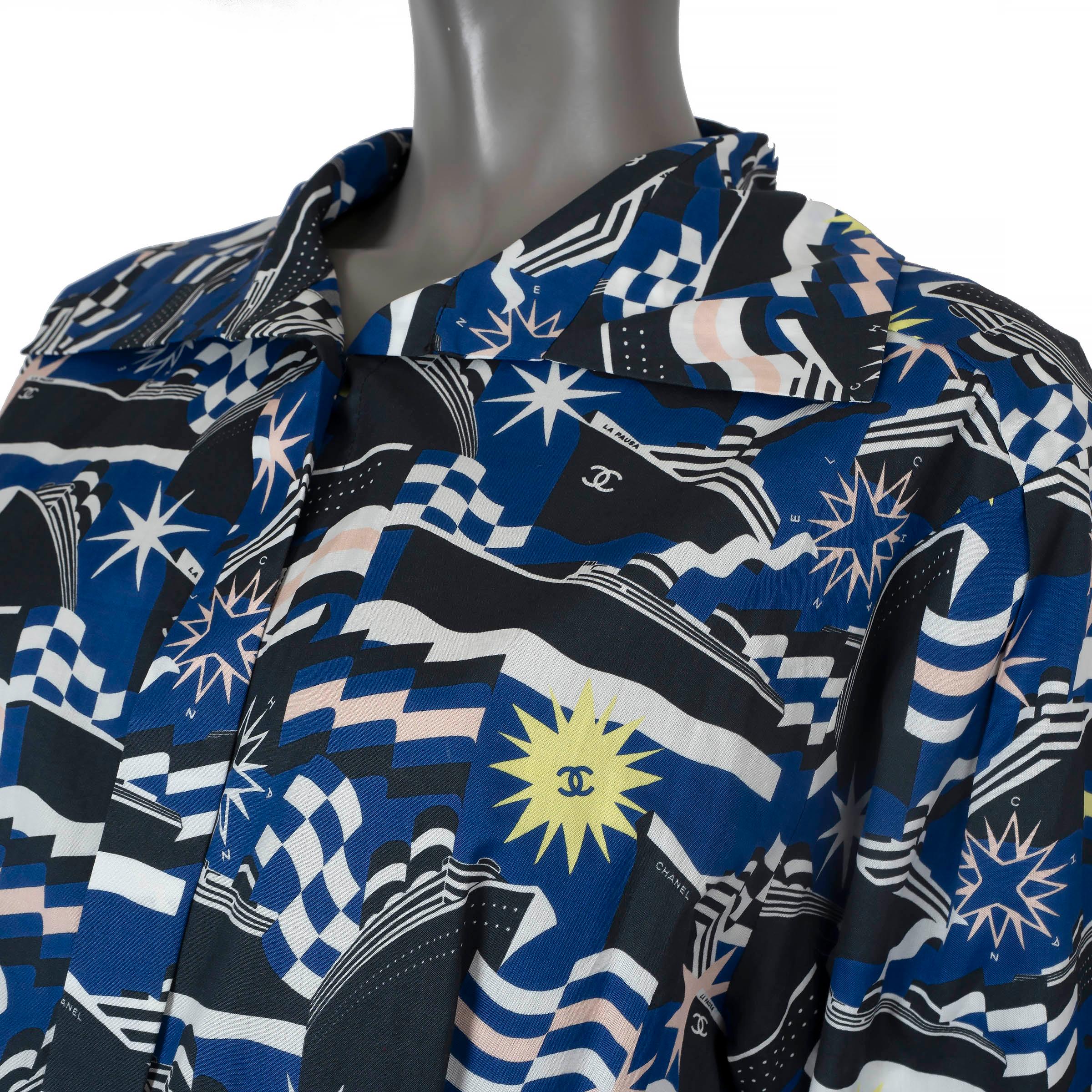 CHANEL blue cotton 2019 19C LA PAUSA PRINTED POPLIN Blouse Shirt 42 L For Sale 1