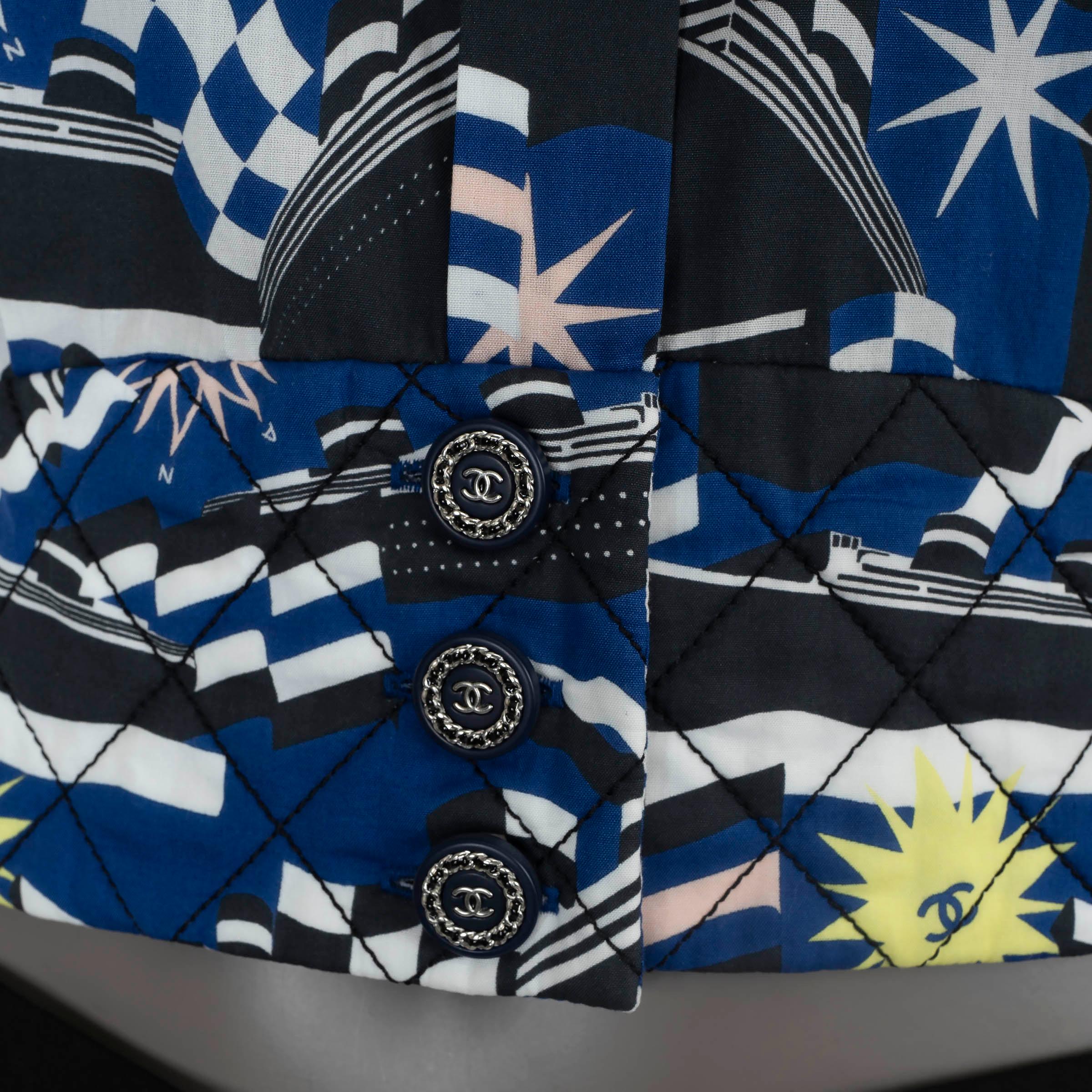CHANEL blue cotton 2019 19C LA PAUSA PRINTED POPLIN Blouse Shirt 42 L For Sale 2