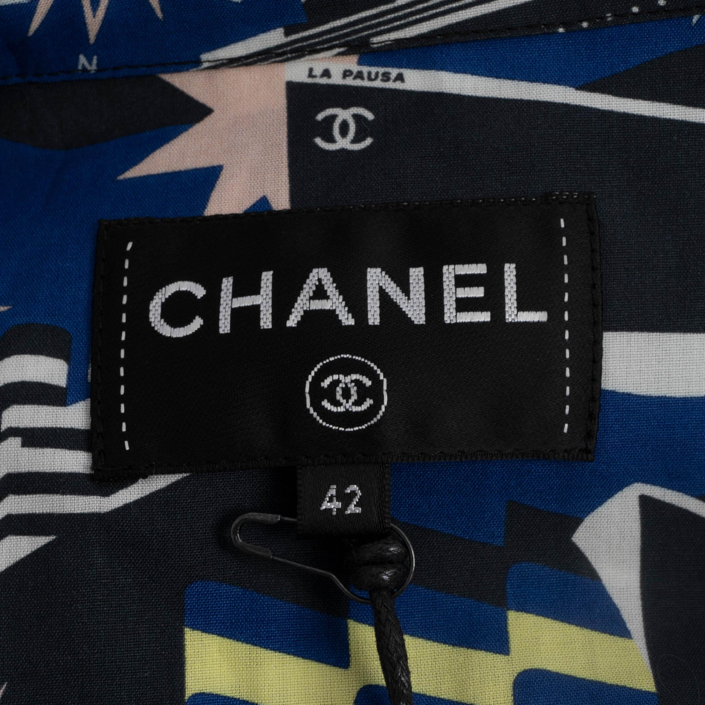CHANEL blue cotton 2019 19C LA PAUSA PRINTED POPLIN Blouse Shirt 42 L For Sale 3